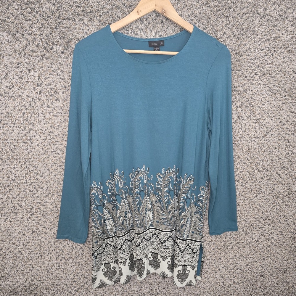 J Jill Top Womens MP Petite Medium Teal Tunic Paisley Print Scoop‎ Neck Stretch